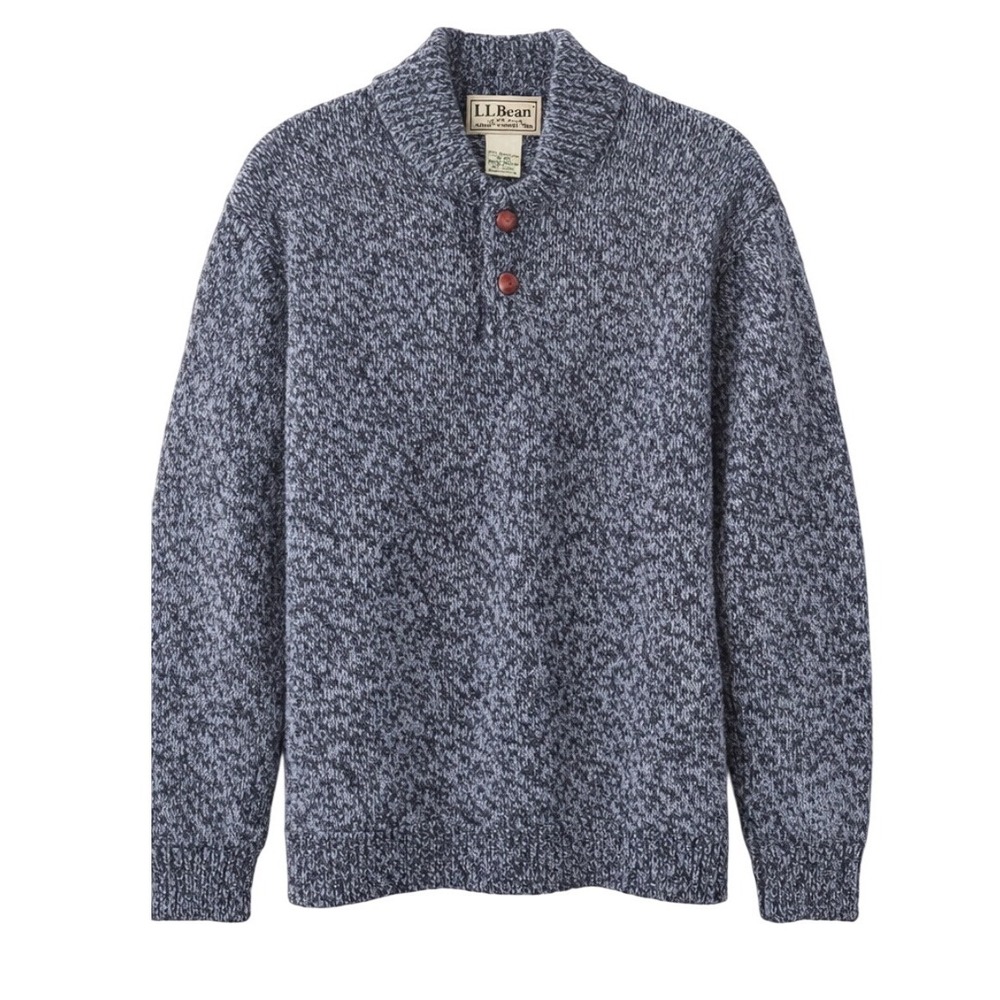 LL Bean Mens 100% Lambswool Shawl Collar Sweater Blue Marl Knit XL 285174